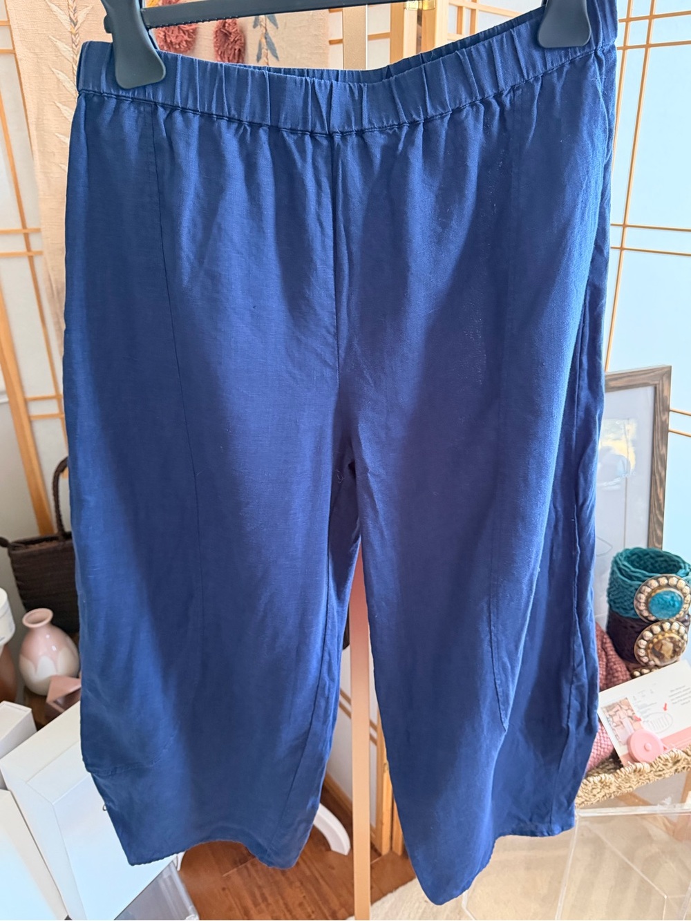 LINTICO 100% Linen Pull-On Crop Pants Blue Size L